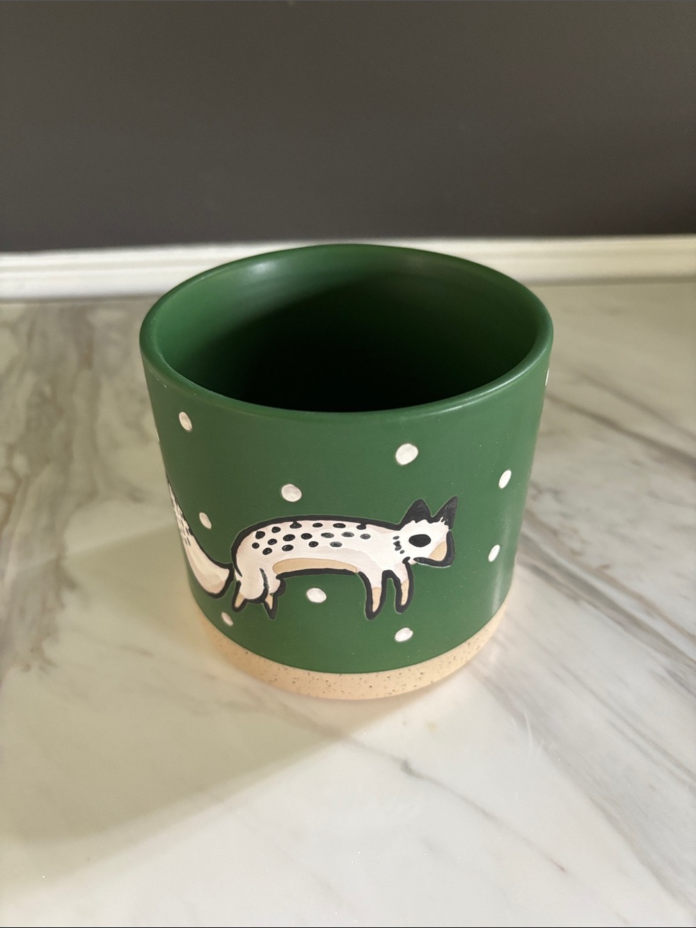 Matte Forest Green Ceramic Mini Planter with Fox Illustration